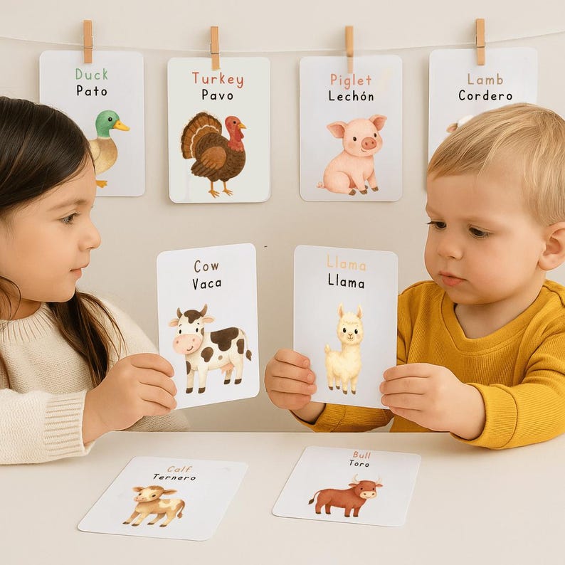 May include: Two children are looking at flashcards with animal illustrations. The cards show a duck, turkey, piglet, lamb, cow, llama, calf, and bull. The cards are in English and Spanish.