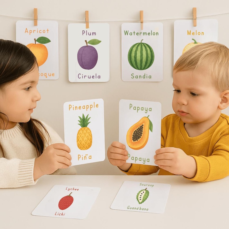 May include: Two children are holding fruit flashcards. The cards feature illustrations of various fruits like apricot, plum, watermelon, pineapple, and papaya. The cards are white with the fruit names in a green font. The cards are hanging from a string with wooden clips.