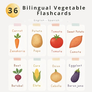 May include: A set of 36 bilingual vegetable flashcards. Each card features a watercolor illustration of a vegetable, with the English and Spanish names. Vegetables include carrot, potato, tomato, sweet potato, beet, corn, onion, and eggplant.