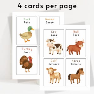 May include: A set of educational flashcards with watercolour illustrations of farm animals. The cards show a duck, goose, cow, bull, turkey, calf, and horse, with English and Spanish labels. The text "4 cards per page" is at the top.