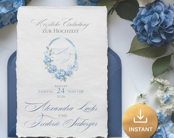 May include: A wedding invitation with a blue and white floral design. The invitation reads "Herzliche Einladung zur Hochzeit" and includes the date "August 24, 2026" and the time "15:00 Uhr". The names "Alexandra Luchs" and "Frederic Seeberger" are printed below the date and time.
