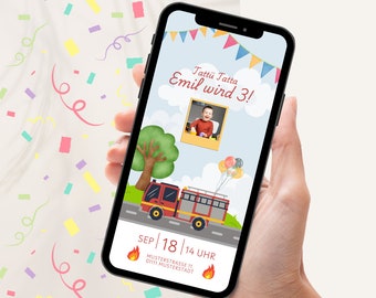 Digital invitation children's birthday | Birthday invitation fire brigade personalizable e-card WhatsApp | Invitation card boy Canva template