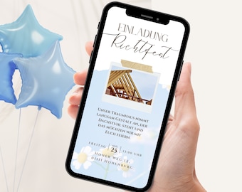Digital invitation topping-out ceremony | Ecard topping-out ceremony to personalize | House building invitation card to send via Whatsapp | Ecard house-warming party