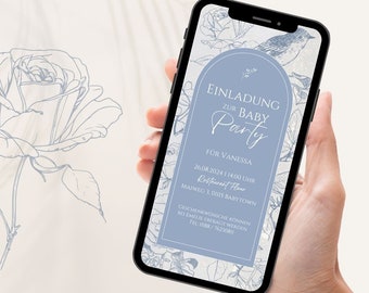 Canva biglietto d'invito digitale baby shower da personalizzare, ecard digitale baby shower per Whatsapp (baby shower blu floreale)