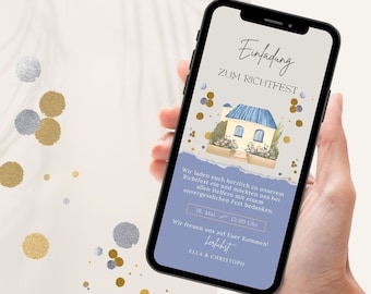 Digital invitation topping-out ceremony blue | Ecard topping-out ceremony to personalize | Invitation card house building to send via Whatsapp | blue
