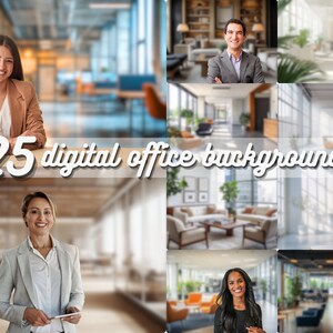 May include: A composite image featuring 25 digital office backgrounds. The image includes several office interior scenes and portraits of people. The text "25 digital office backgrounds" is displayed in a stylized font.