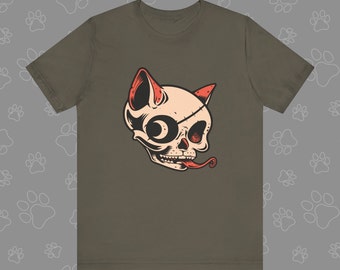 Skull Cat T-Shirt, Edgy Feline Graphic Tee for Cat Lovers, Punk Style Apparel by Catsky Designs