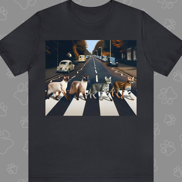 Catsky Road Cat T-Shirt: Feline Album Cover Tee, Beatles Abbey Road Album Parody by Catsky Designs