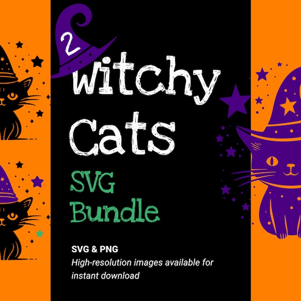 Witchy Cats SVG & PNG, Cat Cricut File, Halloween Witch Cat, Black Cat, Halloween Cut File, svg + png digital download