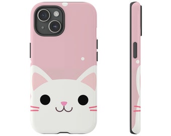 かわいい子猫のピンクの猫の携帯電話ケース | Catsky Designs によるピンクの背景にかわいい白い猫