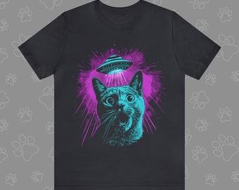 Sci-Fi Cat T-Shirt with UFO, Alien Ship, Surprised Kitten, Quirky Space Kitty Tee for Cat Lovers by Catsky Designs