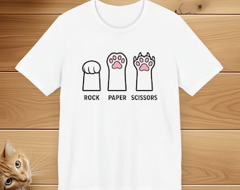 Camiseta de gato con piedra, papel o tijera, con diseño de pata de gato, divertida y adorable, unisex, ideal para amantes de los gatos.