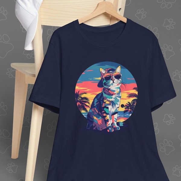 Retro Sunset Cat T-Shirt - Vintage Style Cool Cat Graphics Tee, Cat Lover Gift, Perfect Beachwear by Catsky Designs