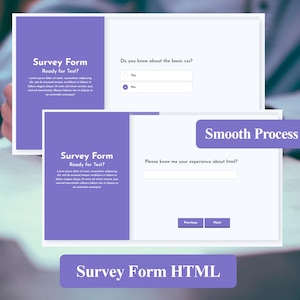 Może przedstawiać: Projekt cyfrowego formularza ankiety z białym tłem i fioletowymi akcentami. Formularz zawiera pytania dotyczące CSS i HTML, z opcjami odpowiedzi "Tak" i "Nie". Tekst "Survey Form HTML" jest wyświetlany na dole.