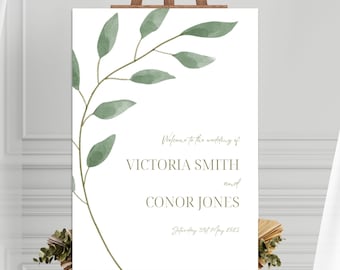 Wedding Welcome Sign Template - GREEN LEAF, Instant Download, Editable & Printable