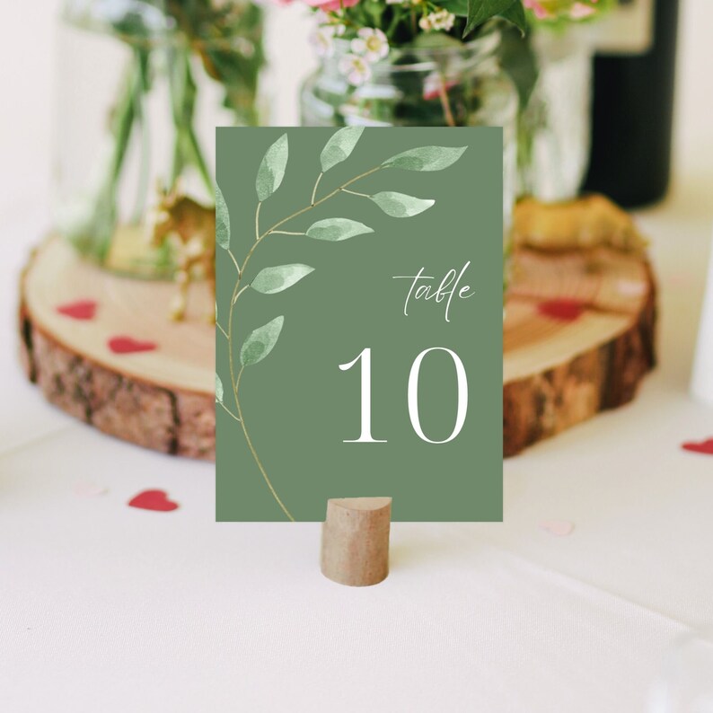 Wedding Table Number Sign Template GREEN LEAF, Instant Download, Editable & Printable zdjęcie 4