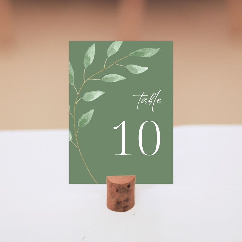 Wedding Table Number Sign Template GREEN LEAF, Instant Download, Editable & Printable zdjęcie 6