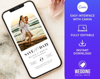 Plantilla de guardar la fecha digital, guardar la fecha electrónica con foto, guardar la fecha minimalista, invitación digital, plantilla de Canva editable