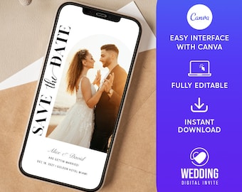 Guardar la plantilla de fecha digital con foto, guardar la fecha digital, guardar la fecha de la boda, guardar la tarjeta de fecha, plantilla de Canva editable