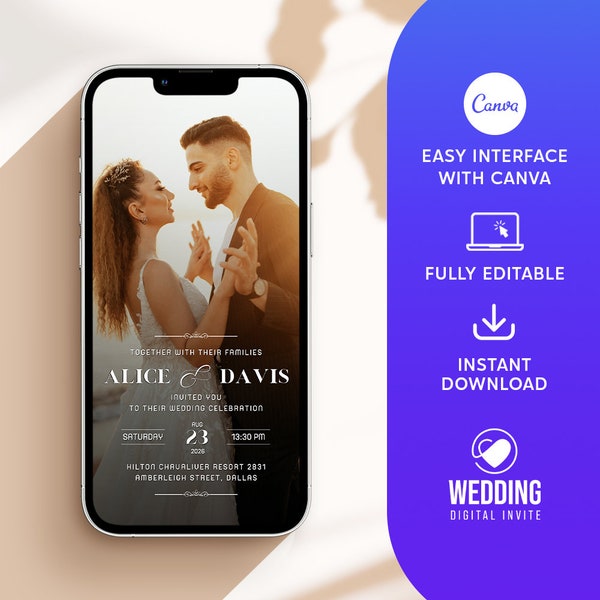 Digital Wedding Invitation Template, Electronic Wedding Invitation, Digital Wedding Invite, Wedding With Photo, Editable Canva Template