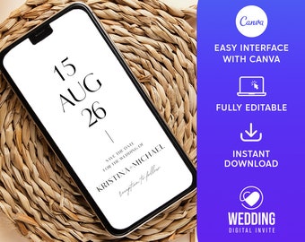 Plantilla blanca para guardar la fecha Evite, invitación digital minimalista, moderna, electrónica para guardar la fecha, invitación electrónica, plantilla Canva editable