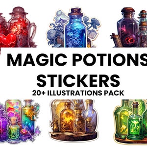 May include: A selection of colourful magic potion stickers. The image shows various glass bottles and jars filled with vibrant liquids and decorative elements. Text reads "MAGIC POTIONS STICKERS 20+ ILLUSTRATIONS PACK."