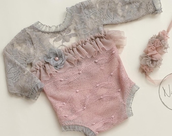 Lace Newborn Romper: Dusty Pink Outfit, Photography Prop Set, Newborn Girl Bodusuit