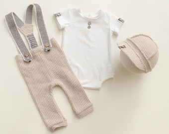 Newborn Boy Outfit: Beige Pants, Suspenders & Hat - Photo Prop Set