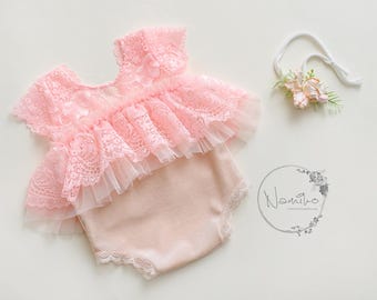 Lace Newborn Outfit: Velvet Romper, Tulle Details, Photo Prop