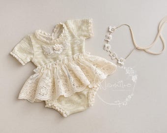 Lace Newborn Outfit: Cream Boho Dress, Photo Prop Set