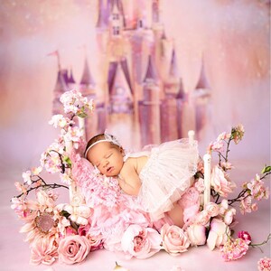 May include: A sleeping baby wearing a white lace dress and a headband, lying in a pink and white flower-filled bed with a white wooden frame. The background is a pink and purple castle.