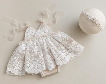 Lace Newborn Outfit, Newborn White-Beige Dress, Newborn Photography Outfit, Newborn Lace Dress, Newborn Props Set, Newborn Photo Prop