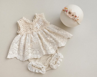 Boho beige girl outfit, Lace Newborn set, Baby photography props, Floral headband