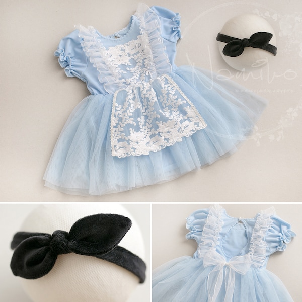 Alice baby girl dress, Wonderful blue dress for a little girl, Photography Outfit Girl, Sitter Props Alice costume, Sitter Photo Props