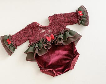 Christmas Newborn Outfit: Lace Velvet Romper, Photography Prop Set