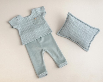 Sage Green Newborn Outfit: Velvet Romper, Photo Prop Set