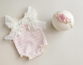 Lace Newborn Romper Set: Chiffon Ruffle, Pink Photo Prop