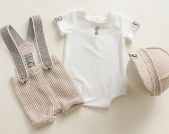 Newborn baby boy shorts with suspenders Newborn boy outfit Newborn boy hat Photo shoot props beige pants Newborn photography set for boy