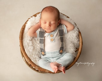 Newborn Boy Outfit: Blue Pants with Suspenders, Photo Prop Set