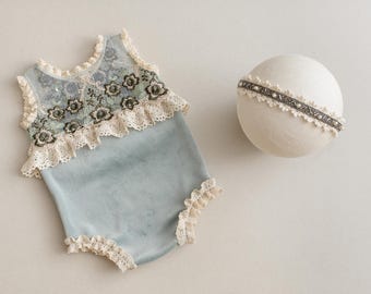 Lace Newborn Romper Set: Muted Green Velvet, Photo Prop Headband