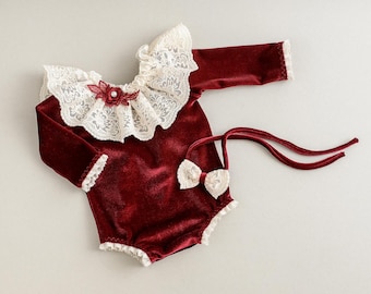 Christmas Newborn Outfit: Lace Velvet Romper, Photography Prop Set