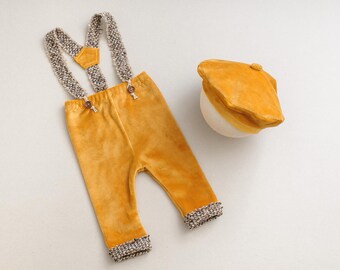 Newborn Mustard Velvet Pants with Suspenders & Beret Hat: Photo Prop Set