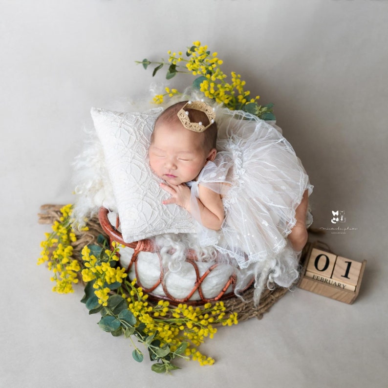 May include: A newborn baby girl wearing a white lace dress and a gold crown sleeps in a wicker basket lined with white faux fur. The basket is surrounded by yellow mimosa flowers.