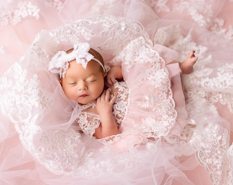 Lace Newborn Outfit: Pink Dress, Floral Photo Prop