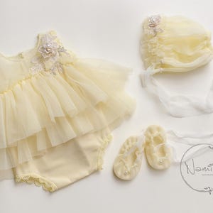 Newborn Ballerina Outfit: Yellow Tulle Dress, Bonnet & Ballet Shoes