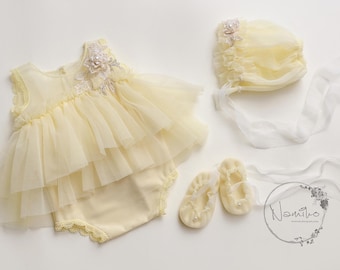 Newborn Ballerina Outfit: Yellow Tulle Dress, Bonnet & Ballet Shoes