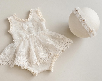 Lace Newborn Outfit: Cream Boho Dress, Photo Prop Set