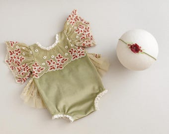 Lace Newborn Romper Set: Olive Green Velvet, Photo Prop Headband