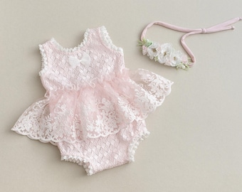 Lace Newborn Outfit: Light Pink Boho Dress, Photo Prop Set, Floral Headband