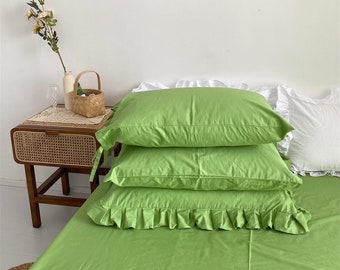 2 Pieces Solid Green Pillowcases Ruffles Pillowcases Envelope Pillowcases Strapped Pillowcases 100% Cotton Pillowcases Custom Pillow Shams